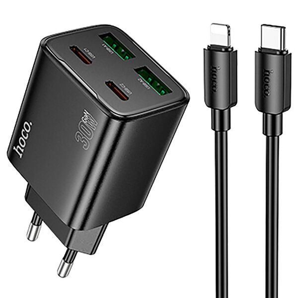 Зарядное устройство Hoco N56 30W 2USB-C+2USB + кабель Type-C/Lightning Черный