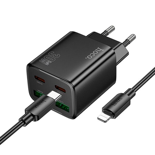 Зарядное устройство Hoco N56 30W 2USB-C+2USB + кабель Type-C/Lightning Черный