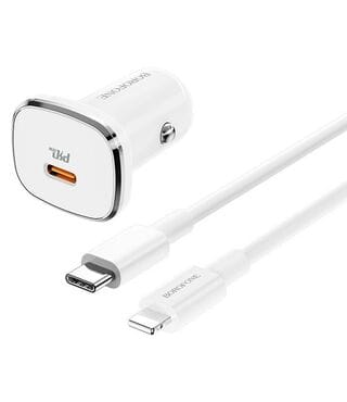 Автомобильное зарядное устройство Borofone BZ12B USB QC3.0+ кабель Lightning/Type-C Белый