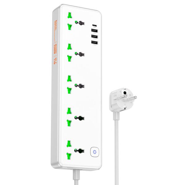 Удлинитель 1.5м Hoco AC13A (5 розетки+USB-C+3USB) Белый