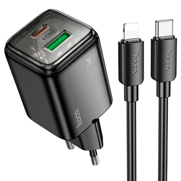 Зарядное устройство Hoco N53 30W USB-C+USB + кабель Type-C/Lightning Черный