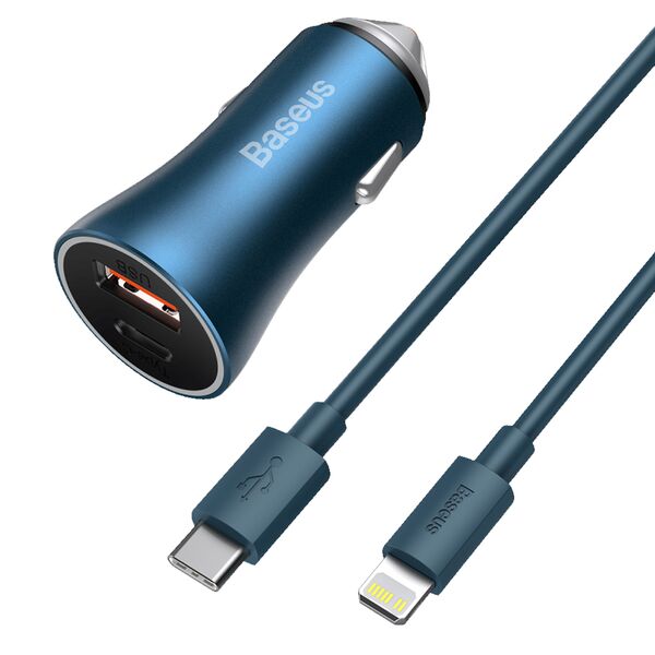 Автомобильное зарядное устройство Baseus TZCCJD-03 USB+USB-C 40W + кабель Lightning Синий