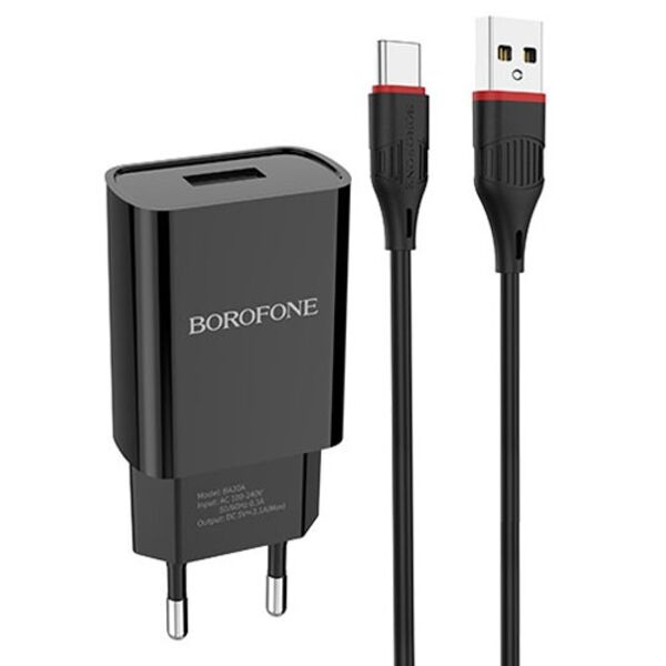 Зарядное устройство Borofone BA20A 10W USB + кабель Type-C Черный