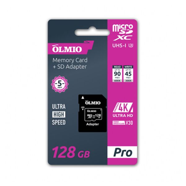 Карта памяти microSD 128Gb Olmio class 3 SDXC V30 UHS-I 90/45 MB/s + адаптер