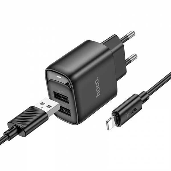Зарядное устройство Hoco C141A 20W 2USB + кабель Lightning Черный