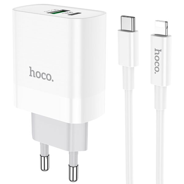 Зарядное устройство Hoco C80A 20W USB-C+USB + кабель Type-C/Lightning 1м Белый