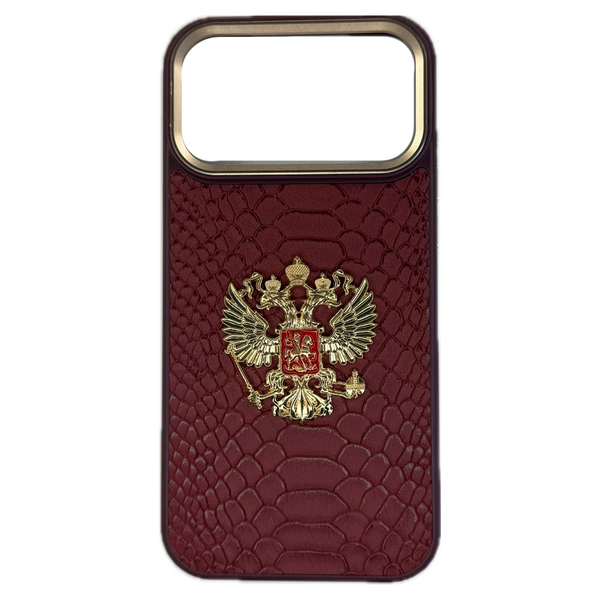 Чехол для iPhone 18 Pro Max/17 Pro Max накладка кожа Герб России Бордовый