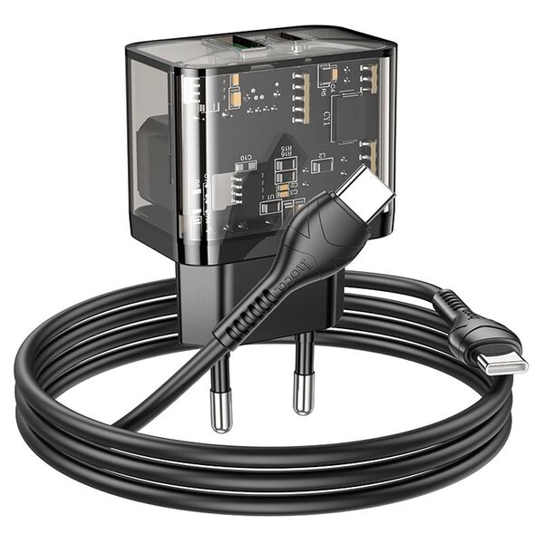 Зарядное устройство Hoco N34 20W USB-C+USB + кабель Type-C/Lightning Черный