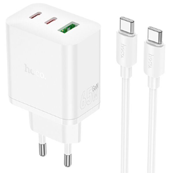 Зарядное устройство Hoco N51 65W 2USB-C+USB + кабель Type-C/Type-C Белый
