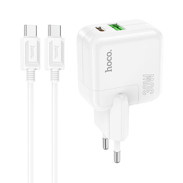 Зарядное устройство Hoco C111A 30W USB-C+USB + кабель Type-C/Type-C Белый