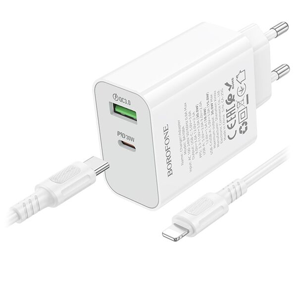 Зарядное устройство Borofone BA108A 30W USB-C+USB + кабель Type-C/Lightning Белый