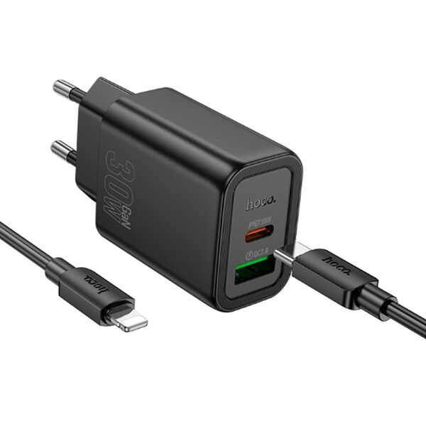 Зарядное устройство Hoco N63 30W USB-C+USB + кабель Type-C/Lightning Черный