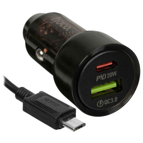 Автомобильное зарядное устройство Hoco Z52 38W USB-C+USB + кабель Micro USB Прозрачный/Черный