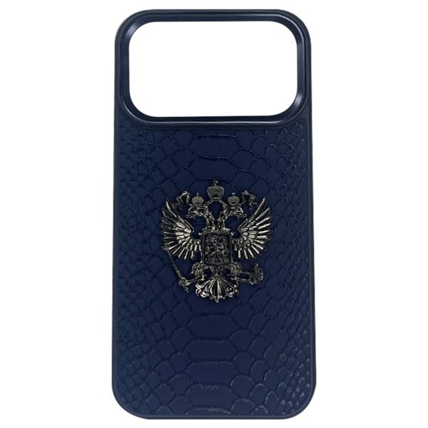 Чехол для iPhone 18 Pro Max/17 Pro Max накладка кожа Герб России Темно-синий