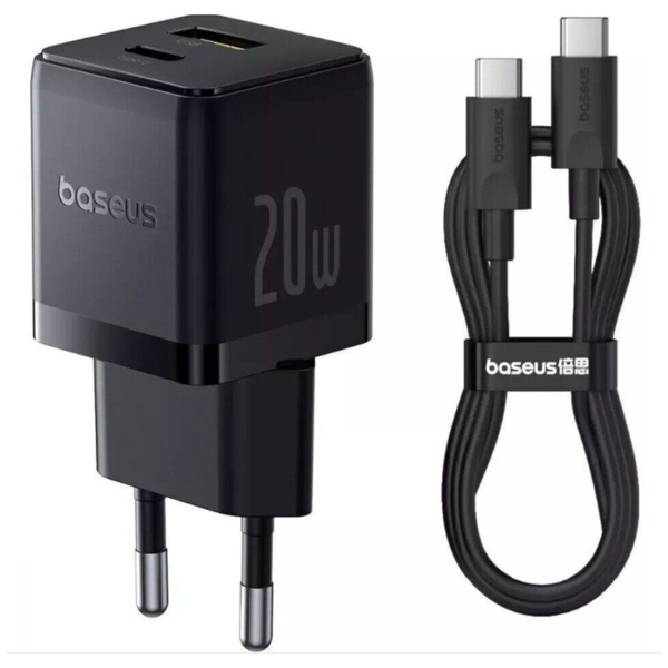 Зарядное устройство Baseus Palm 20W USB+USB-C + кабель Type-C/Type-C Черный