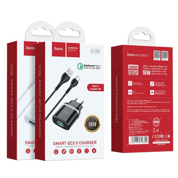 Зарядное устройство Hoco C12Q 18W USB + кабель Type-C Черный