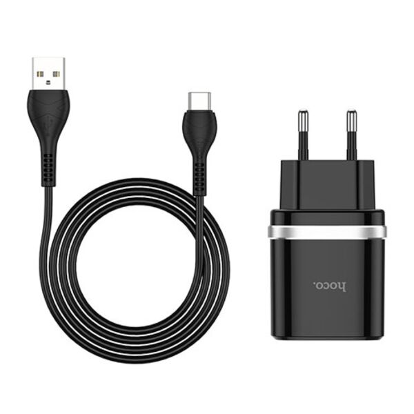 Зарядное устройство Hoco C12Q 18W USB + кабель Type-C Черный