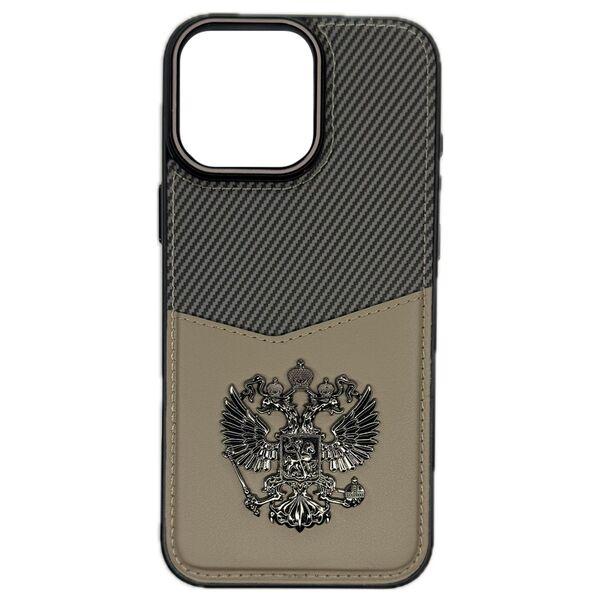 Чехол для iPhone 16 Pro Max накладка Pinyu кожа Герб РФ Коричневый/карбон