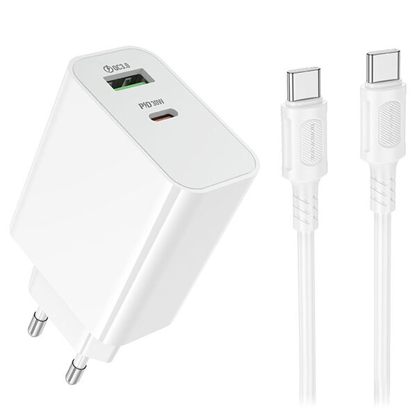 Зарядное устройство Borofone BA108A 30W USB-C+USB + кабель Type-C/Type-C Белый