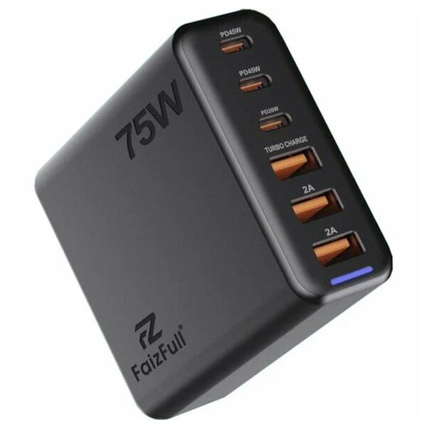 Зарядное устройство FaizFull FC104 75W 3USB-C+3USB Черный