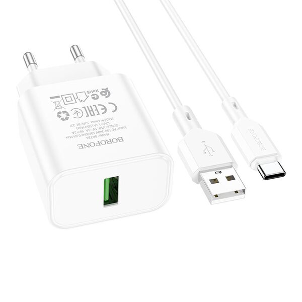 Зарядное устройство Borofone BA72A 18W USB + кабель Type-C Белый