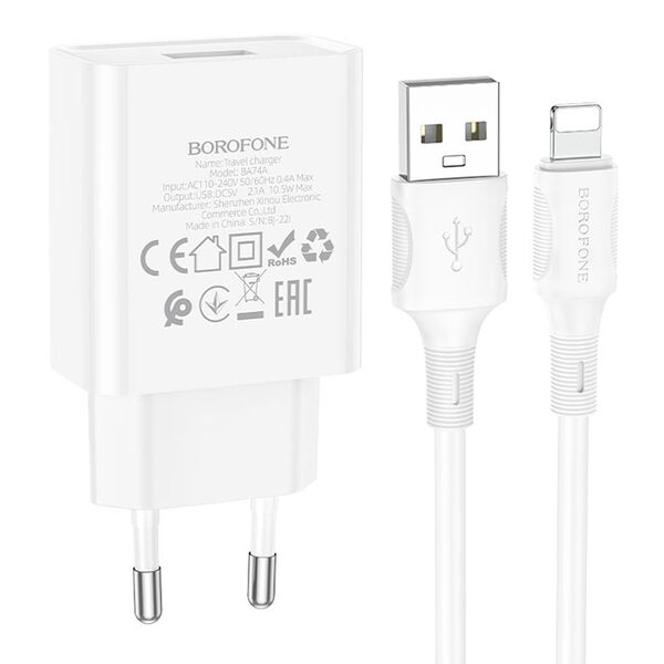 Зарядное устройство Borofone BA74A 10W USB + кабель Lightning Белый