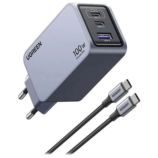 Зарядное устройство Ugreen X757 GaN 100W 2USB-C+USB + кабель Type-C/Type-C Серый