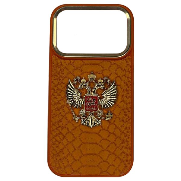 Чехол для iPhone 17 Pro Max накладка кожа Герб России Оранжевый