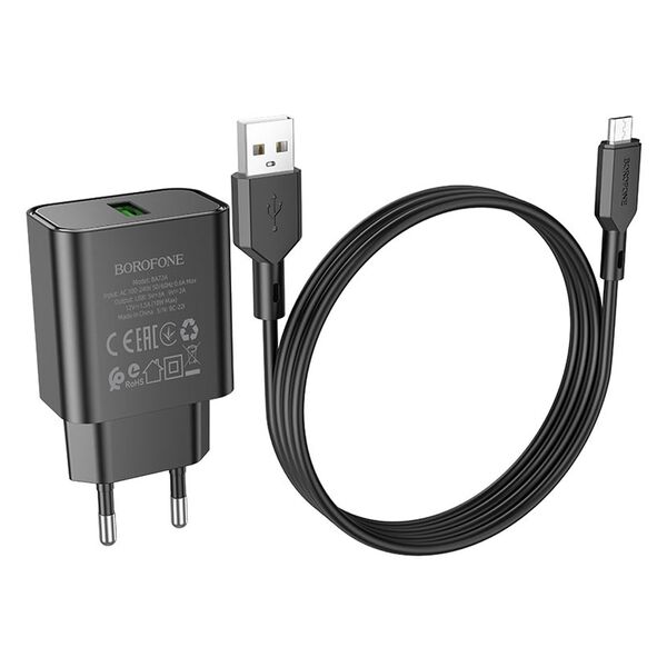 Зарядное устройство Borofone BA72A 18W USB + кабель Micro USB Черный