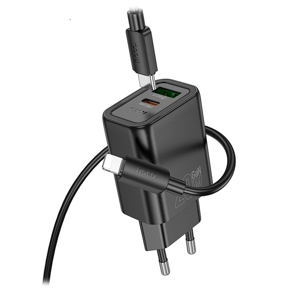 Зарядное устройство Hoco N61 20W USB-C+USB + кабель Type-C/Lightning Черный