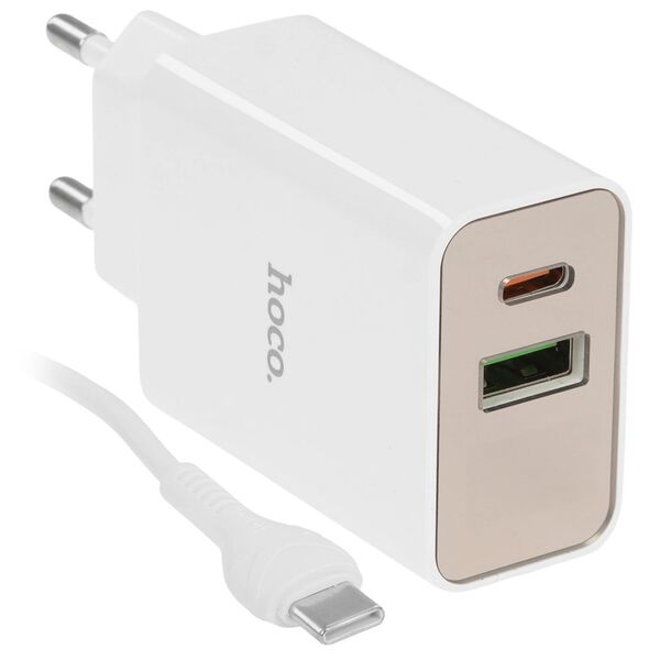 Зарядное устройство Hoco C100A 20W USB-C+USB + кабель Type-C/Type-C Белый